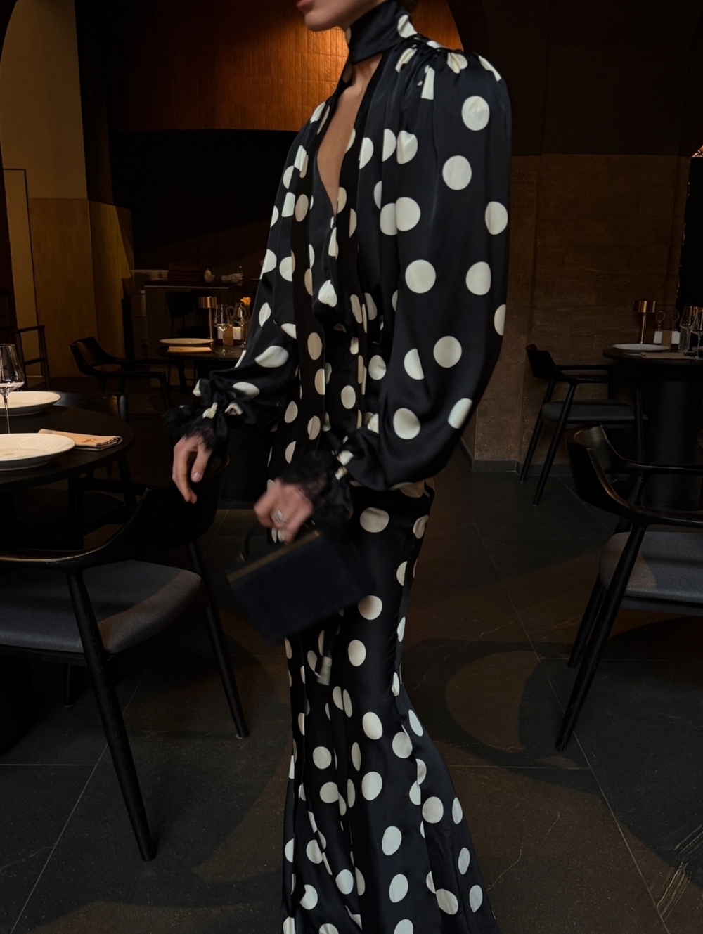 Polka Dot Dress Print Hanging Neck V-neck Bubble Sleeve Cinched Waist Fish Tai - Picture 12 of 12
